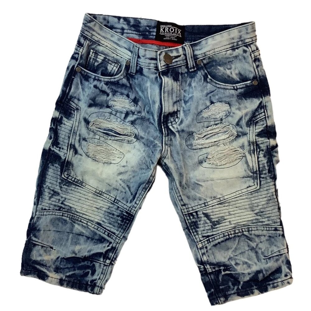 Kroix Jean Distressed Shorts Blue Stretch Boys/Youth Size 14 Acid Wash